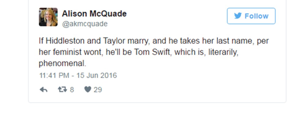 Tweets on Taylor Swift and Tom Hiddleston are dating