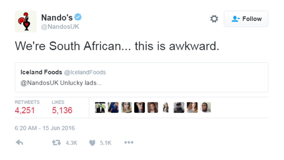  Nando's hit the back of the net with a speedy response worthy of Ronaldo