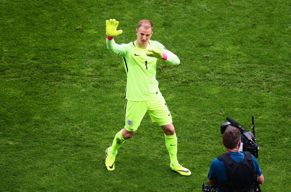 Hart celebrates after goals from Daniel Sturridge and Jamie Vardy spared his blushes