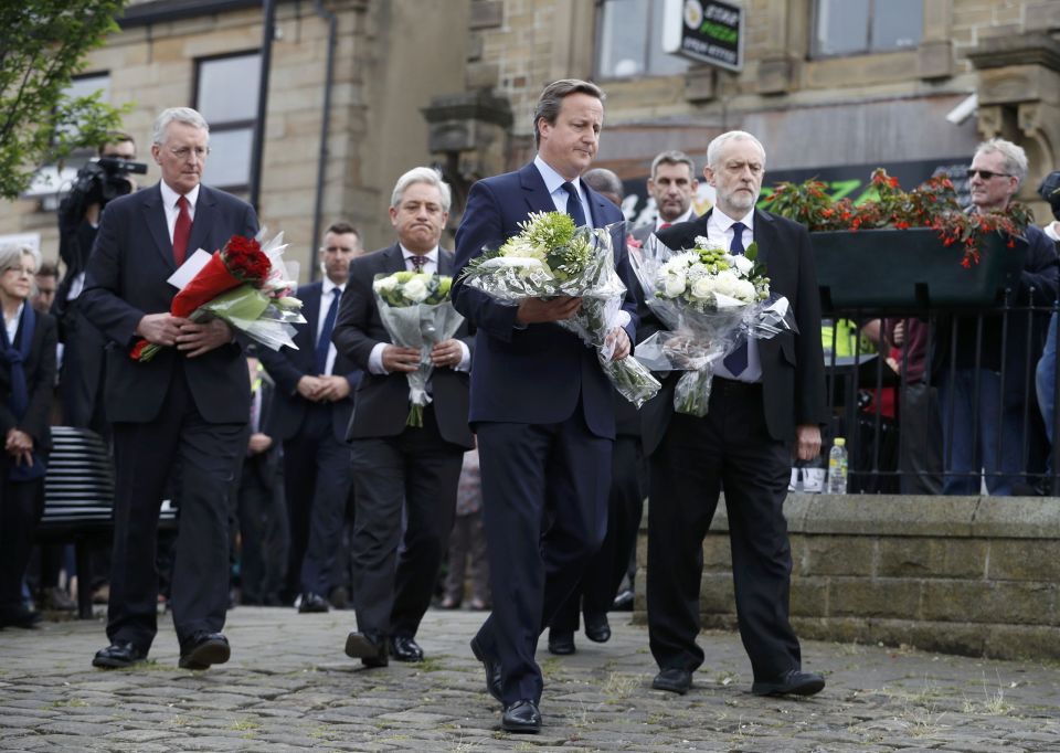  Jeremy Corbyn and Prime Minister David Cameron leave tributes near the scene of the murder of Labour MP Jo Cox in Birstal