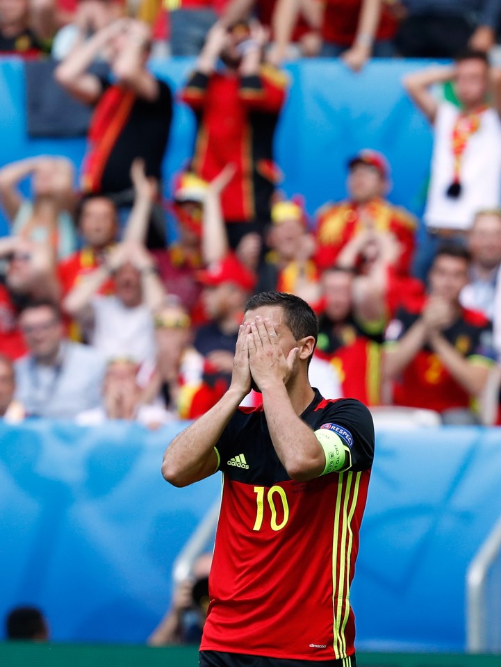 Eden Hazard reacts after smashign a good chance over the bar