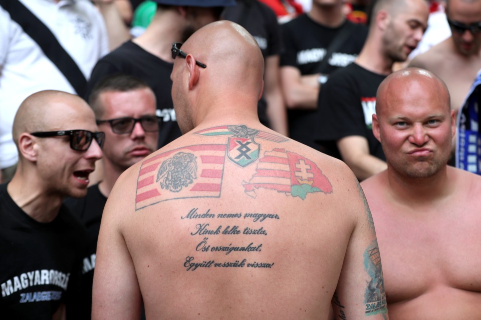  A heavily tattooed Hungary fan outside the ground before the game against Iceland