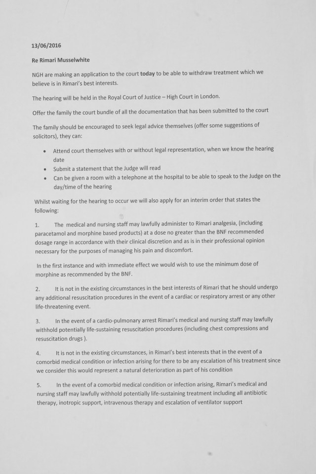  Doctors sent a letter to the distraught parents telling them it was in Rimari's best interests for care to be withdrawn