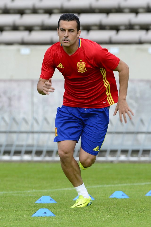 Chelsea winger Pedro is put through his paces at Spain training