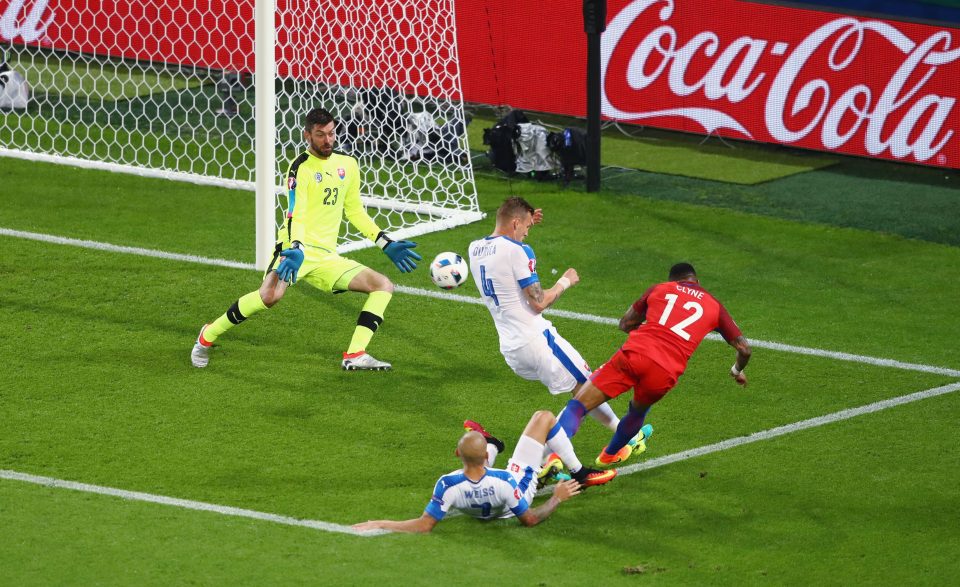  Nathaniel Clyne sees his shot saved by Matus Kozacik in the Slovakia goal