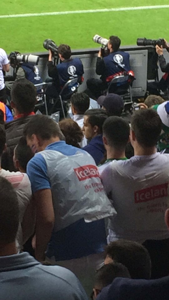 The fans were spotted at the football match in France, using the Iceland shopping bags to support their temporary team