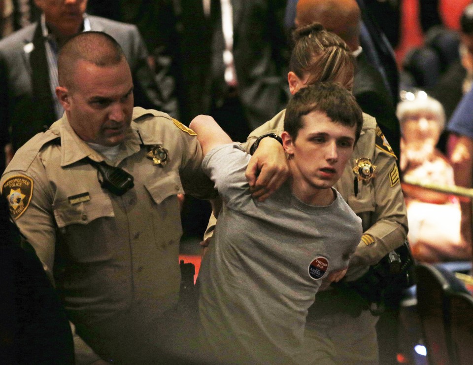  British protester Michael Sandford is facing up to 30 years in jail after being charged over his alleged plot to assassinate Donald Trump. He is pictured here after being arrested at the rally in Las Vegas earlier this month