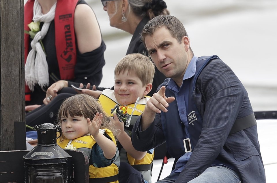  Jo Cox's husband Brendan Cox travels with her to central London by boat with their children Lejla, 3, and Cuillin, 5, to attend a special service in Trafalgar Square