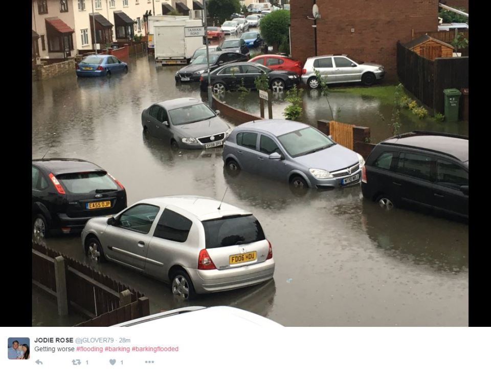  This image tweeted by Jodie Rose shows flooding in Essex, as the south-east is braced for a month's worth of rain in just a few hours