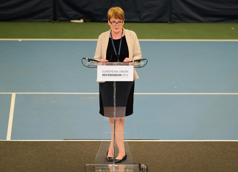 Regional Counting Officer Sue Stanhope announces the win for Leave in Sunderland