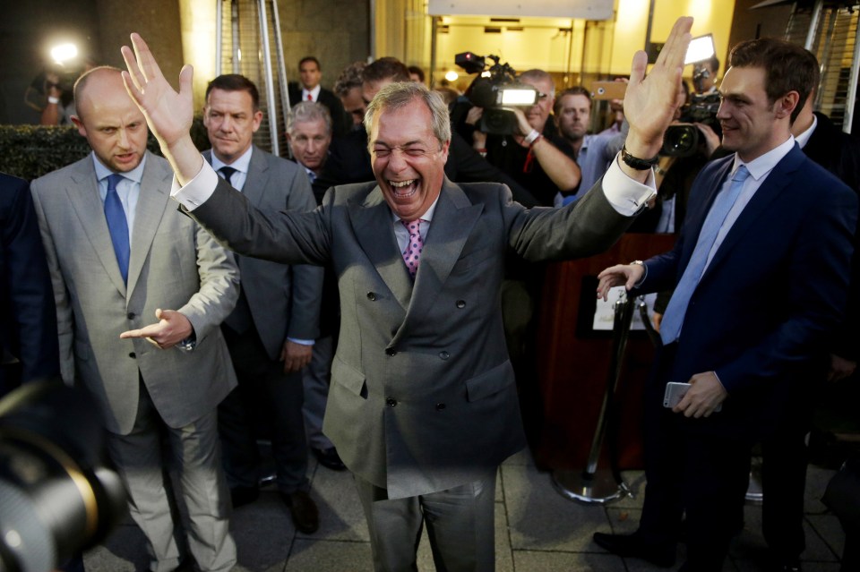  Nigel Farage is celebrating a historic day for Britain as it looks to leave the European Union in a resounding victory for his campaign team