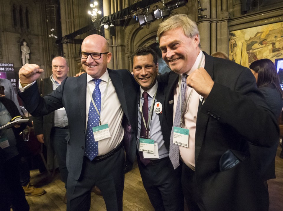 Ukip's Paul Nuttall, Steven Woolfe and David Campbell at Manchester Town Hall celebrate a Brexit vote