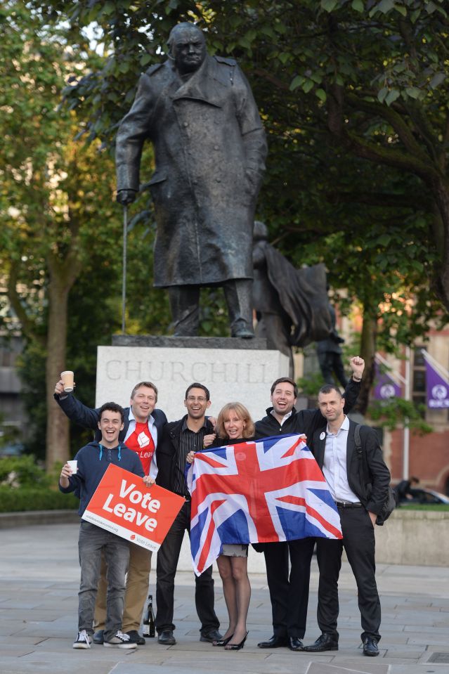  Leave supporters celebrate opposite the Houses of Parliament in London after voters in the referendum backed the campaign for the UK to leave the EU