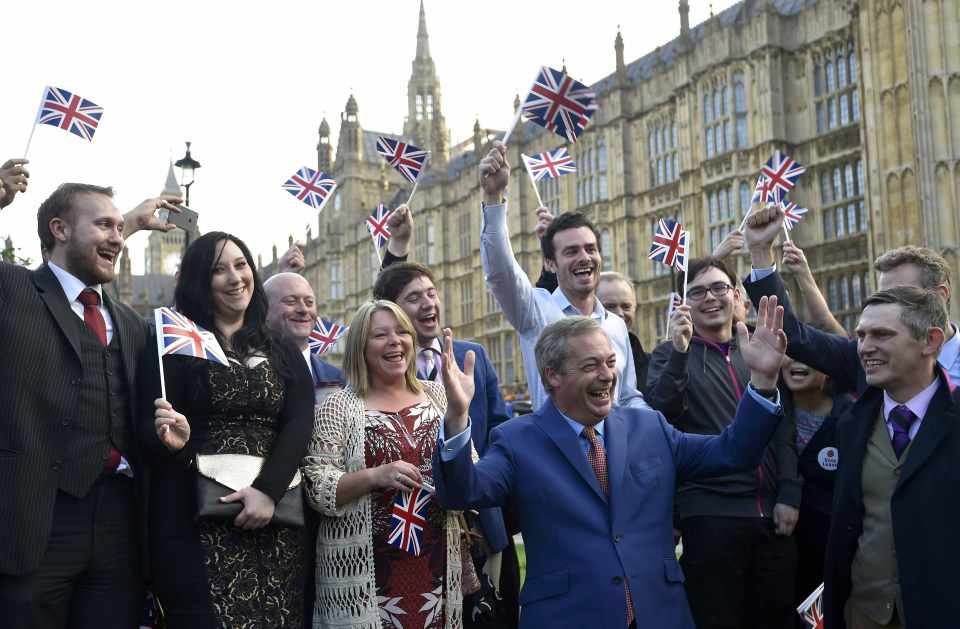  Happy Farage celebrates Brexit outside Westminster this morning as he delivers victory speech