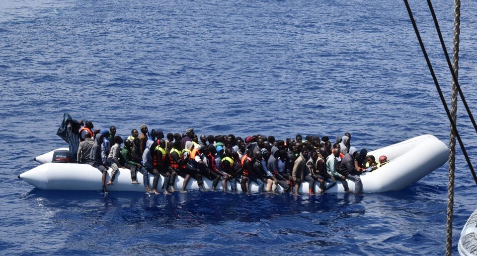  Thousands of migrants were found on an overcrowded inflatable dinghy yesterday and were rescued by the Italian navy