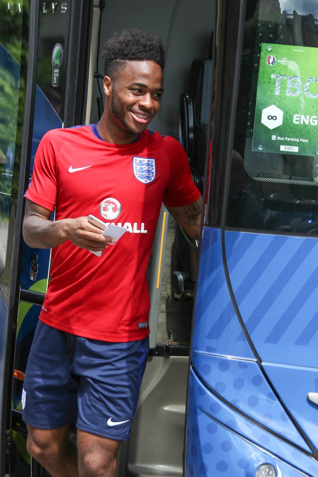 Raheem Sterling is all smiles as he returns from training today