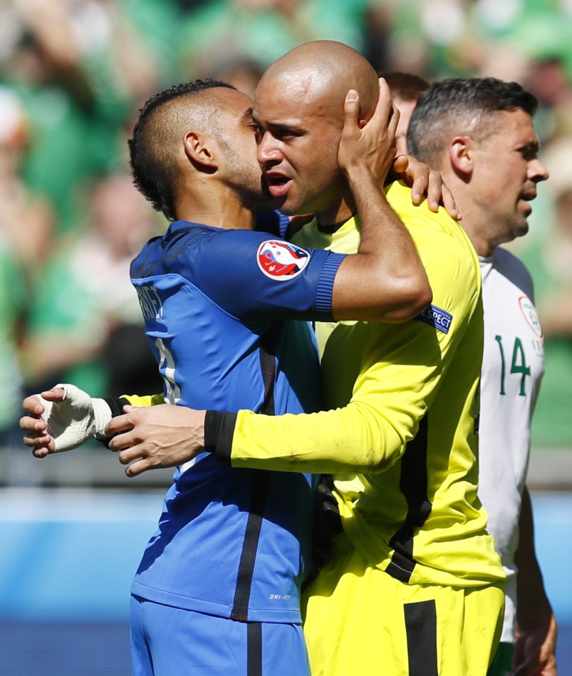  The teary goalkeeper is consoled by West Ham team-mate Dimitri Payet