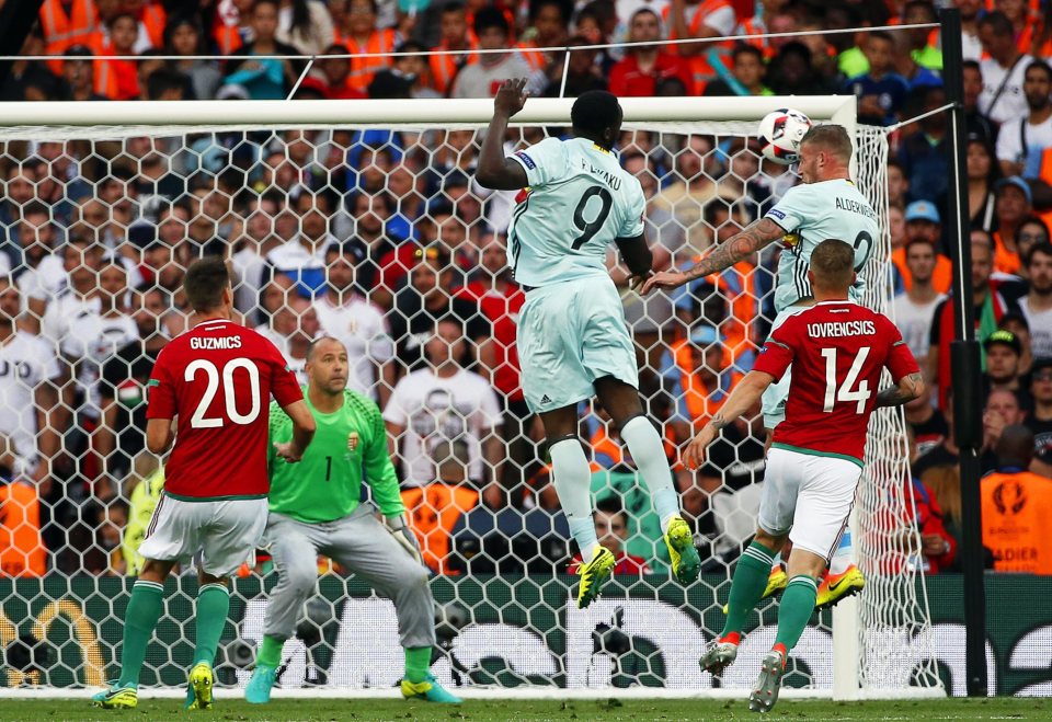 Toby Alderweireld leaps to head in for Belgium against Hungary