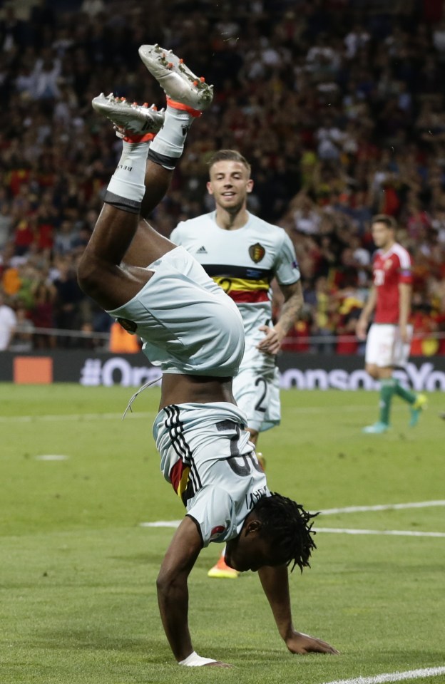 Belgium's Michy Batshuayi celebrates after scoring his side's second goal