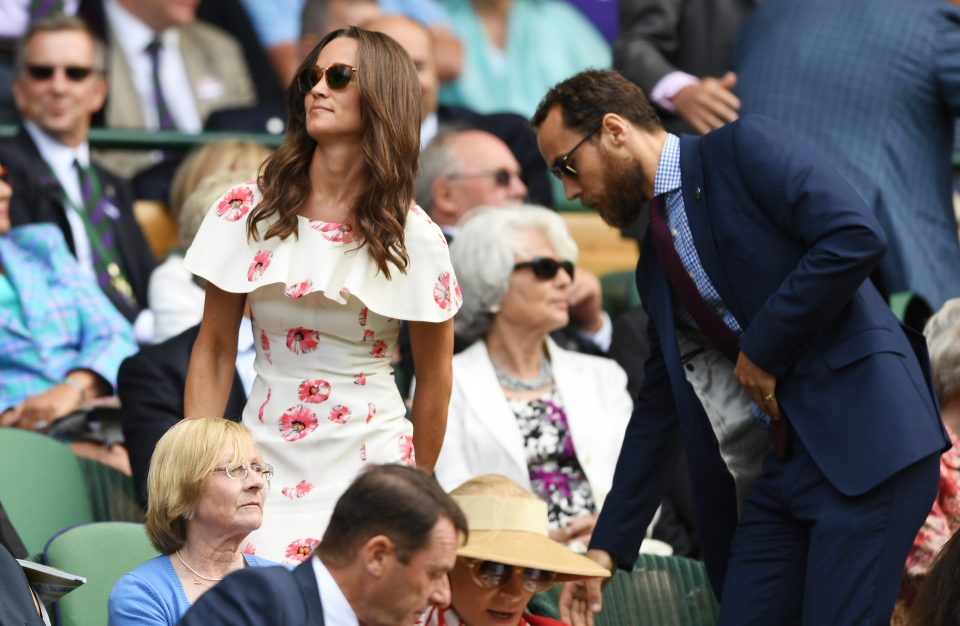 LONDON, ENGLAND - JUNE 27: Pippa Middleton and her brother James Middleton watch on from the stands during the Men's Singles first round match between Novak Djokovic of Serbia and James Ward of Great Britain on day one of the Wimbledon Lawn Tennis Championships at the All England Lawn Tennis and Croquet Club on June 27th, 2016 in London, England. (Photo by Shaun Botterill/Getty Images)