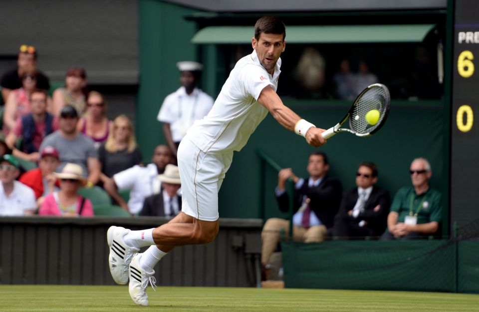 Novak Djokovic in action during his match against James Ward on day One of the Wimbledon Championships at the All England Lawn Tennis and Croquet Club, Wimbledon. PRESS ASSOCIATION Photo. Picture date: Monday June 27, 2016. See PA story TENNIS Wimbledon. Photo credit should read: Anthony Devlin/PA Wire. RESTRICTIONS: Editorial use only. No commercial use without prior written consent of the AELTC. Still image use only - no moving images to emulate broadcast. No superimposing or removal of sponsor/ad logos. Call +44 (0)1158 447447 for further information.