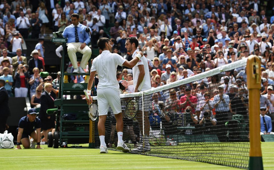 LONDON, ENGLAND - JUNE 27: James Ward of Great Britain congratulates Novak Djokovic of Serbia following the Men's Singles first round match on day one of the Wimbledon Lawn Tennis Championships at the All England Lawn Tennis and Croquet Club on June 27th, 2016 in London, England. (Photo by Shaun Botterill/Getty Images)