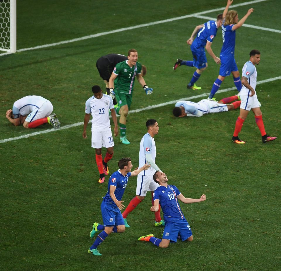  England players hit the floor after their shock 2-1 defeat by Iceland in Nice