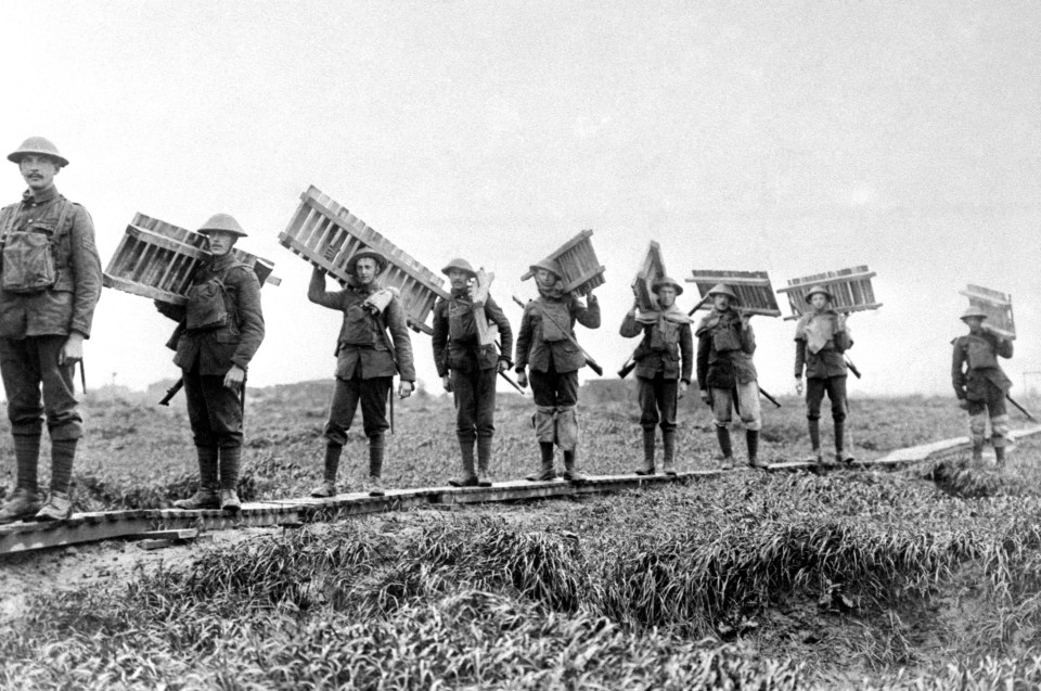 British troops on the march towards the front lines in the River Somme valley