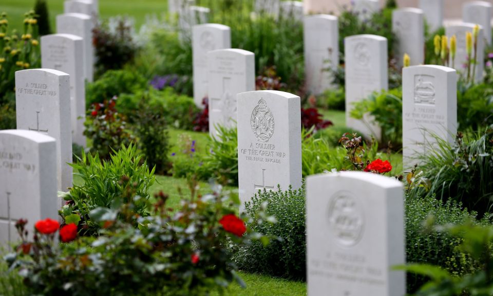 Headstones around the Thiepval Memorial in France which holds the names of more than 72,000 officers and men who died in the Somme