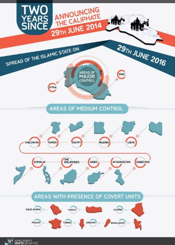  The image dissects the terror group's influence into three sections