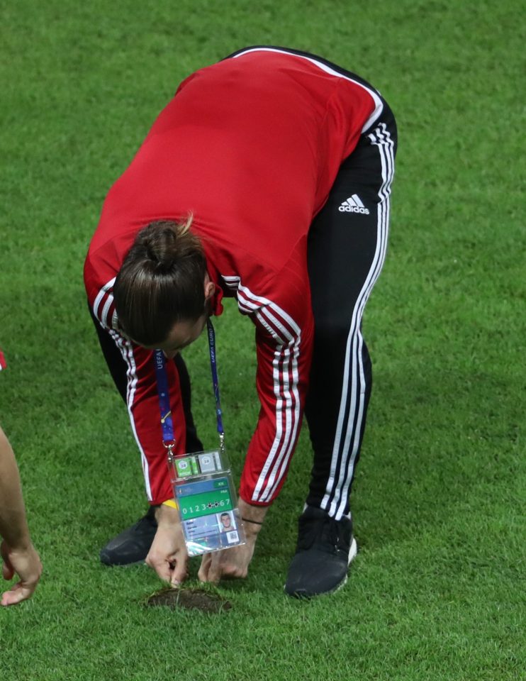 Gareth Bale pulls up a chunk of the recently-relaid Stade Pierre-Mauroy