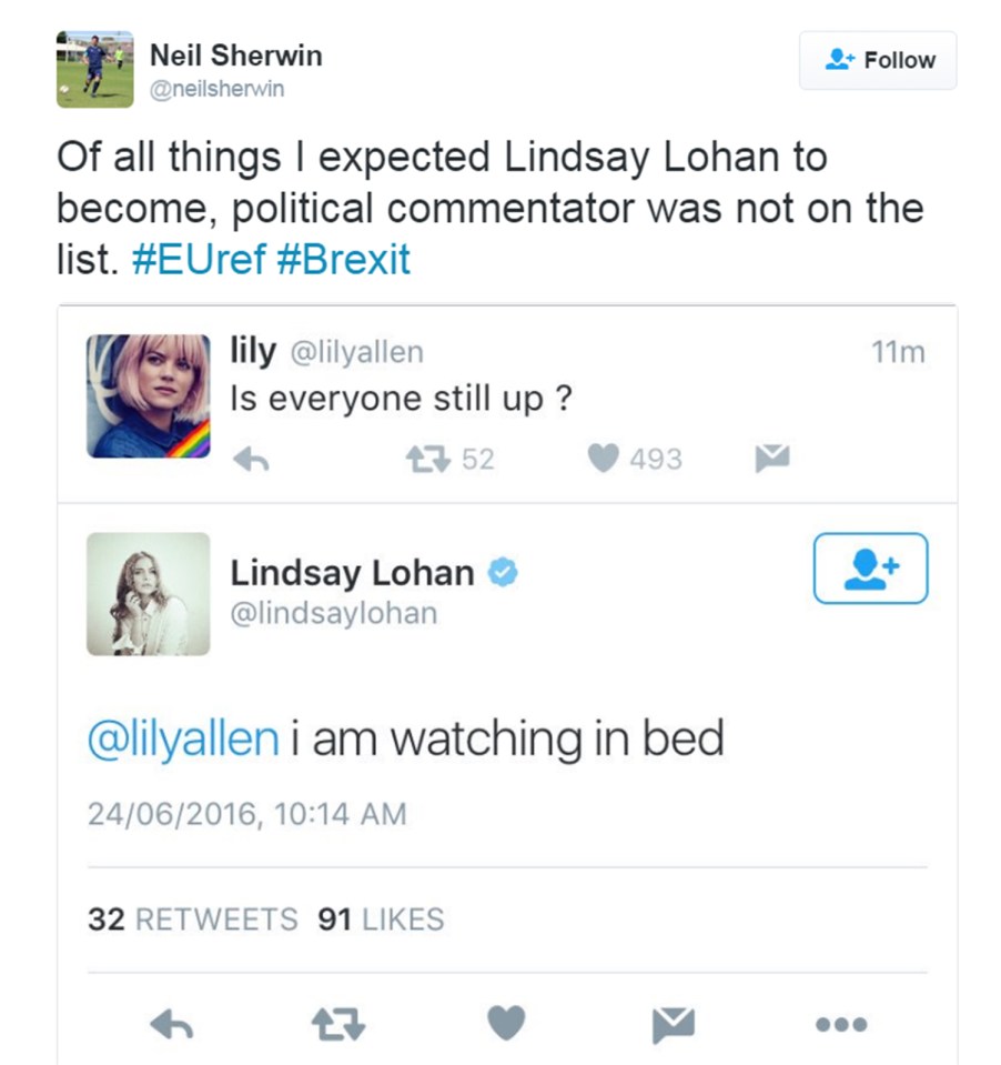 The actress - and Lily Allen - were up late watching the results come in