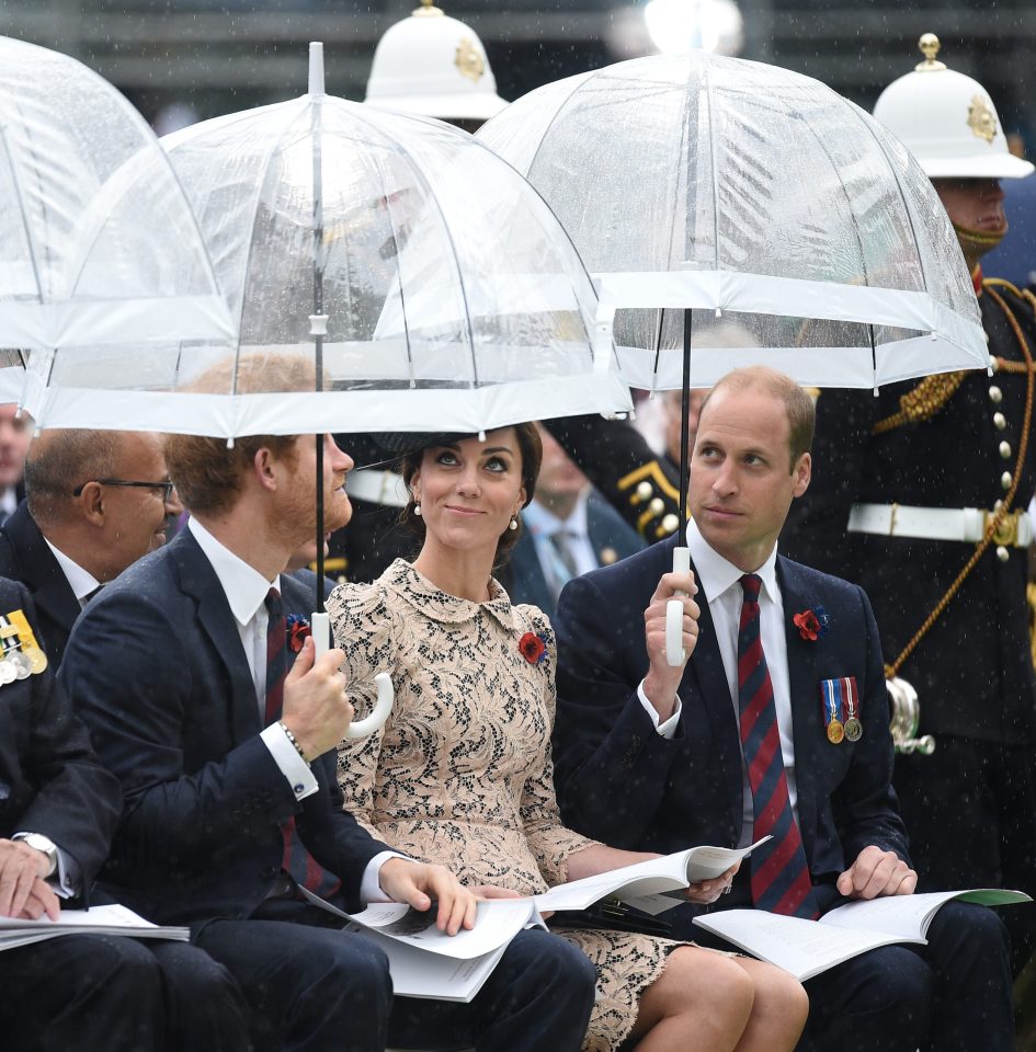  Wills and Harry use umbrellas to shelter Kate from the rain