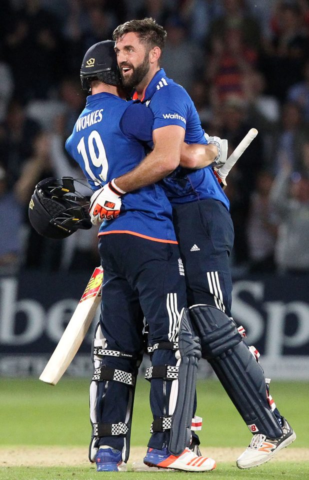 Liam Plunkett and Woakes embrace after their match-saving finale against Sri Lanka