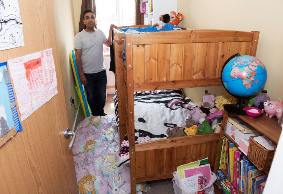 Airport worker Harry Boparai pictured in his children cramped bedroom where all three sleep. He tackled David Cameron last night on the EU Referendum debate. He said he could not get a GP, could not buy a house and had three children in one room because of 'uncontrolled' immigration