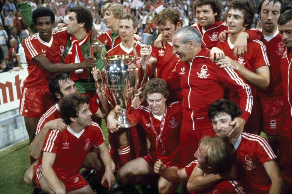  Nottingham Forest staff and players celebrate their historic first European Cup victory