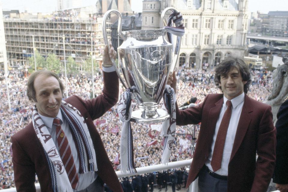  Aston Villa manager Tony Barton and captain, Dennis Mortimer show off the European Cup