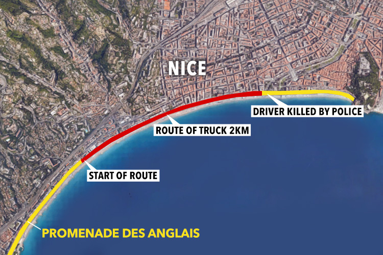  The fanatic mowed down dozens of victims as he careered along 2km of the promenade in Nice before being shot dead by police