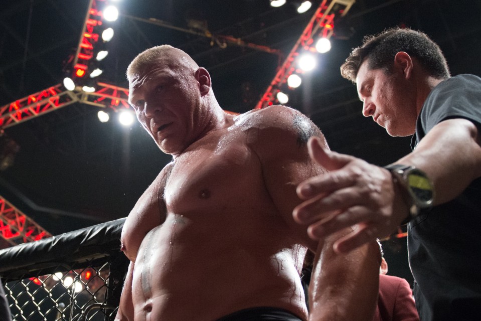 Brock Lesnar leaves the Octagon following his win over Mark Hunt