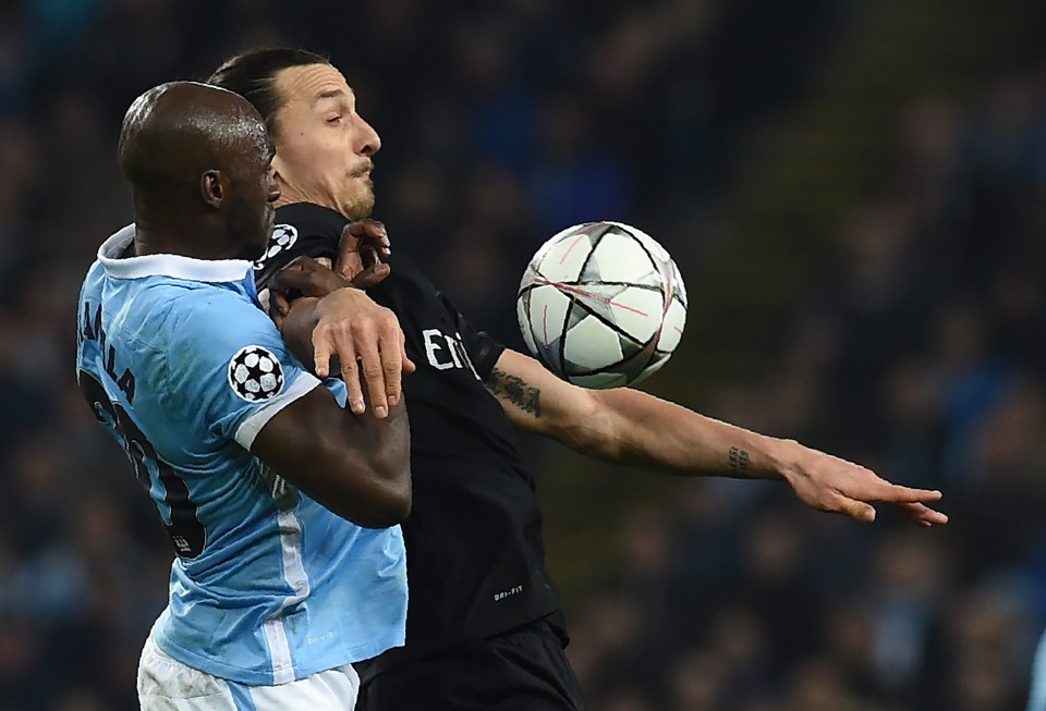  Eliaquim Mangala challenges Zlatan Ibrahimovic in the Champions League