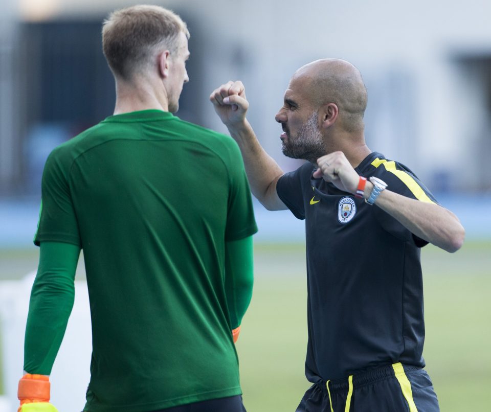 Manchester City Training & Press Conference, 2016 Pre Season Tour of China. Shenzhen 27th July 2017. Picture By Mark Robinson. Joe Hart and Pep Guardiola