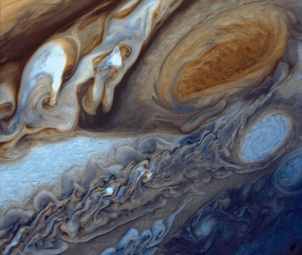 A close up shot of the Great Red Spot of Jupiter, taken by the Voyager probe