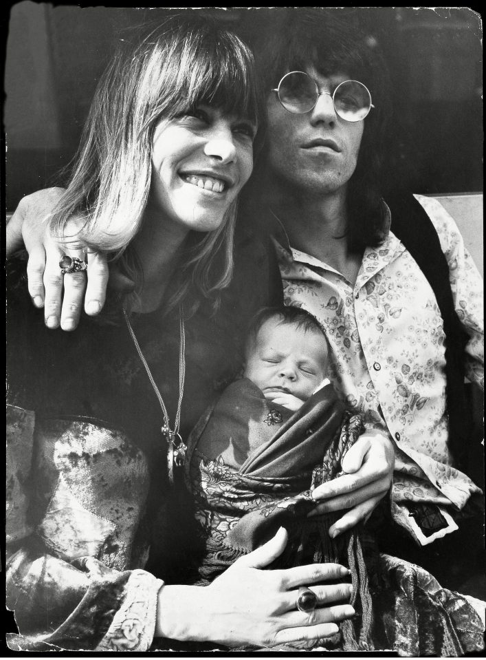  Keith Richards with girlfriend Anita Pallenberg and their baby son Marlon in 1969