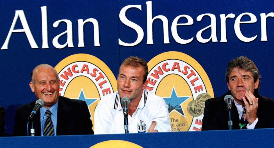 Alan Shearer shares a joke with Sir John Hall and Kevin Keegan is they announce to the press the player's transfer form Blackburn to Newcastle