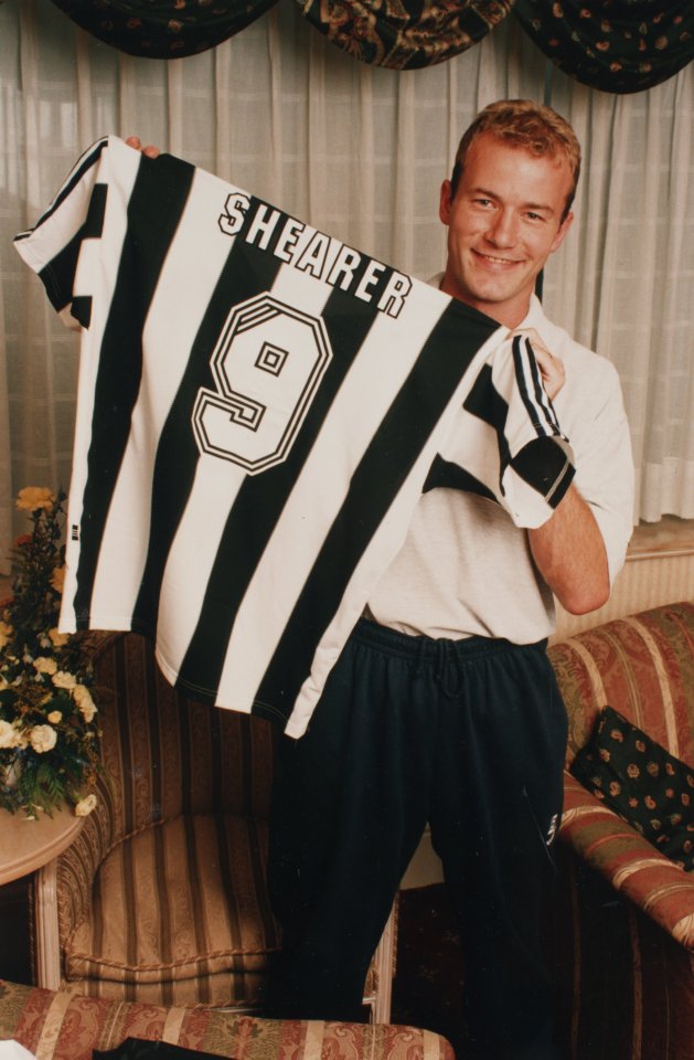 Alan Shearer pictured with his no 9 shirt shortly after signing for Newcastle in August 1996