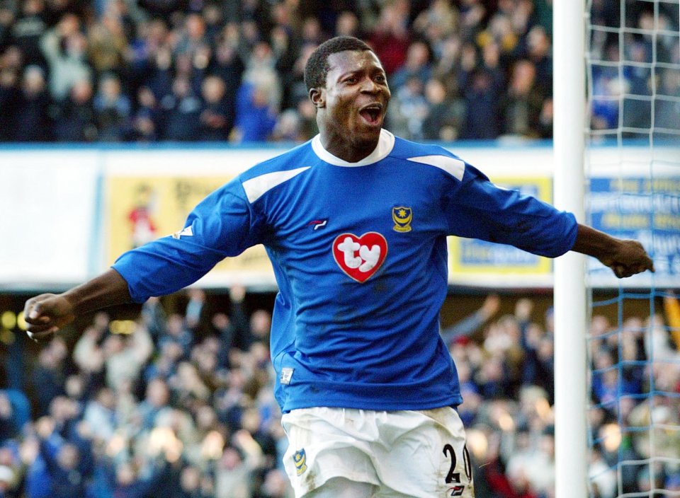  Aiyegbeni Yakubu reacts after scoring for Portsmouth against Southampton in 2004