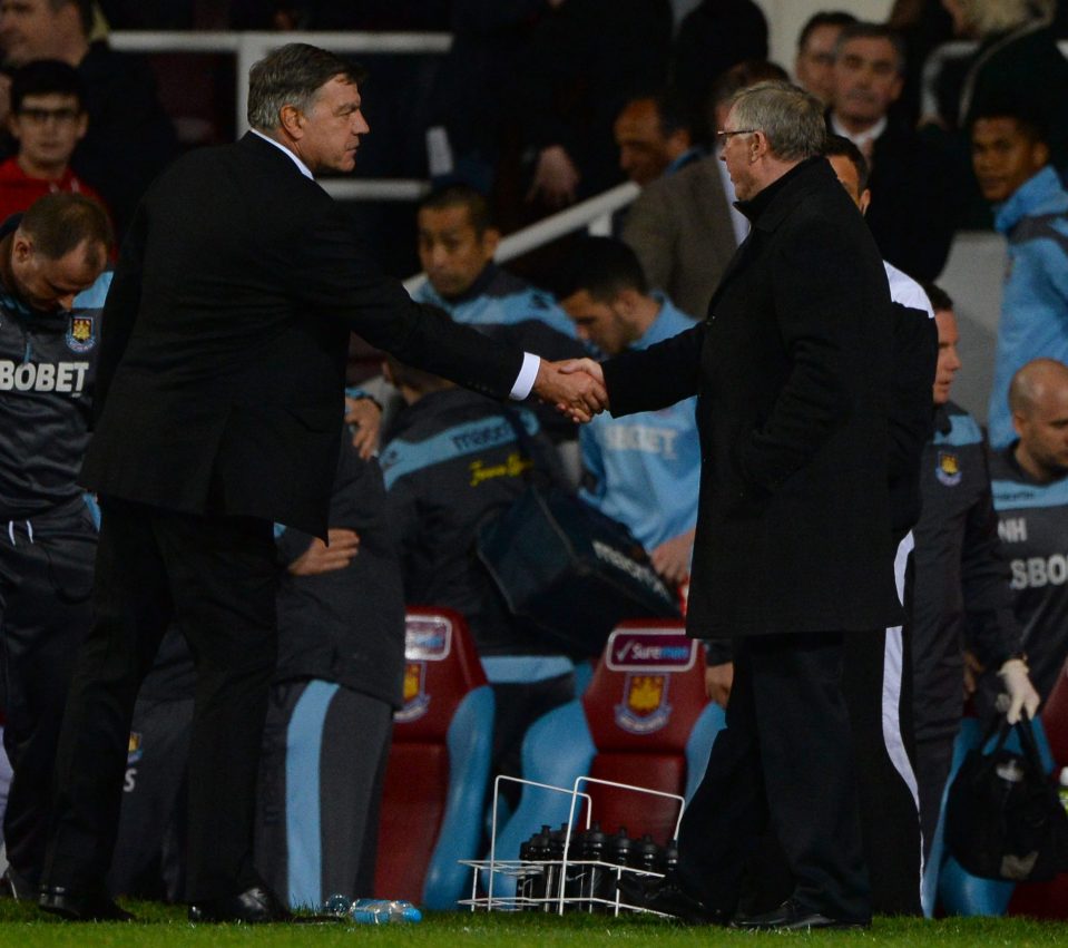 West Ham v Manchester United Barclays Premiere League 17 04 13 Pic Richard Pelham. Sam Allardyce & Sir Alex Ferguson at the end