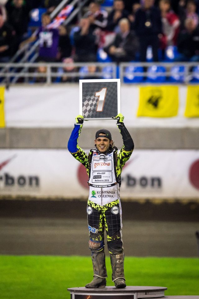  Tai Woffinden celebrates after winning a 2015 race in Polan