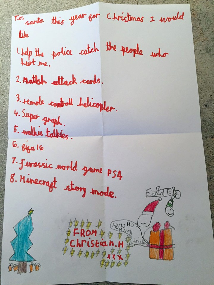 The youngster even wrote a letter to Santa last year asking him to find who shot him and his mother