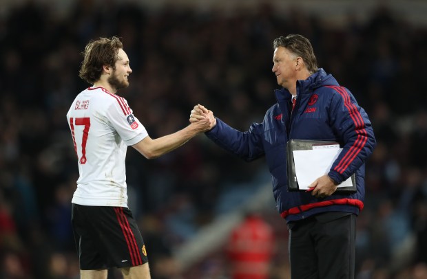 West Ham Utd V Mancheser Utd / FA Cup Quater Final Replay / 13.04.16 / Boleyn Ground Stadium / Photograph By Marc Aspland The Times Louis van Gaal (Manchester United) manager celebrates with Daley Blind (Manchester United)